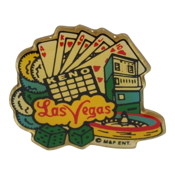 Las Vegas Keno M & F Ent. Lapel Pin Multicolor Cards Chips Roulette Wheel Slot - Picture 1 of 14